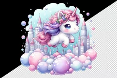 Watercolor cute unicorn pink mane soft pastel bubbles magical cityscape print tumbler skinny mug wrap clipart t-shirt sublimation printable design