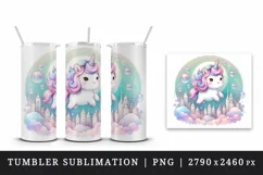 Watercolor cute unicorn pink mane soft pastel bubbles magical cityscape print tumbler skinny mug wrap clipart t-shirt sublimation printable design