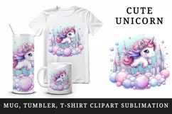 Watercolor cute unicorn pink mane soft pastel bubbles magical cityscape print tumbler skinny mug wrap clipart t-shirt sublimation printable design