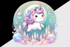 Watercolor cute unicorn pink mane soft pastel bubbles magical cityscape print tumbler skinny mug wrap clipart t-shirt sublimation printable design
