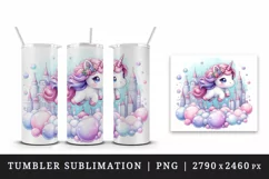 Watercolor cute unicorn pink mane soft pastel bubbles magical cityscape print tumbler skinny mug wrap clipart t-shirt sublimation printable design