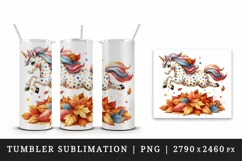Watercolor cute unicorn polka dot coat jumping pile of autumn leaves print 20 oz tumbler skinny mug wrap clipart t-shirt sublimation printable design