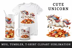 Watercolor cute unicorn polka dot coat jumping pile of autumn leaves print 20 oz tumbler skinny mug wrap clipart t-shirt sublimation printable design