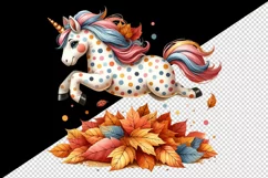Watercolor cute unicorn polka dot coat jumping pile of autumn leaves print 20 oz tumbler skinny mug wrap clipart t-shirt sublimation printable design