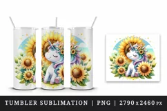 Watercolor cute unicorn radiant sunflowers basking in summer sun flowers print tumbler skinny mug wrap clipart t-shirt sublimation printable design