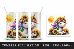 Watercolor cute unicorn radiant sunflowers basking in summer sun flowers print tumbler skinny mug wrap clipart t-shirt sublimation printable design