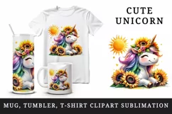 Watercolor cute unicorn radiant sunflowers basking in summer sun flowers print tumbler skinny mug wrap clipart t-shirt sublimation printable design