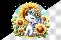Watercolor cute unicorn radiant sunflowers basking in summer sun flowers print tumbler skinny mug wrap clipart t-shirt sublimation printable design