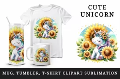 Watercolor cute unicorn radiant sunflowers basking in summer sun flowers print tumbler skinny mug wrap clipart t-shirt sublimation printable design