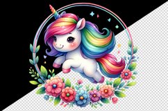 Watercolor cute unicorn rainbow mane jumping through hoop of flowers print 20 oz tumbler skinny mug wrap clipart t-shirt sublimation printable design