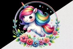 Watercolor cute unicorn rainbow mane jumping through hoop of flowers print 20 oz tumbler skinny mug wrap clipart t-shirt sublimation printable design
