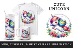 Watercolor cute unicorn rainbow mane jumping through hoop of flowers print 20 oz tumbler skinny mug wrap clipart t-shirt sublimation printable design