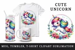 Watercolor cute unicorn rainbow mane jumping through hoop of flowers print 20 oz tumbler skinny mug wrap clipart t-shirt sublimation printable design