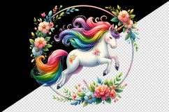 Watercolor cute unicorn rainbow mane jumping through hoop of flowers print 20 oz tumbler skinny mug wrap clipart t-shirt sublimation printable design