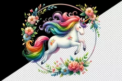 Watercolor cute unicorn rainbow mane jumping through hoop of flowers print 20 oz tumbler skinny mug wrap clipart t-shirt sublimation printable design