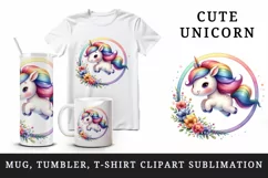 Watercolor cute unicorn rainbow mane jumping through hoop of flowers print 20 oz tumbler skinny mug wrap clipart t-shirt sublimation printable design