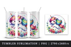 Watercolor cute unicorn rainbow mane jumping through hoop of flowers print 20 oz tumbler skinny mug wrap clipart t-shirt sublimation printable design