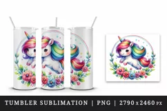 Watercolor cute unicorn rainbow mane jumping through hoop of flowers print 20 oz tumbler skinny mug wrap clipart t-shirt sublimation printable design
