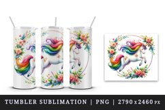 Watercolor cute unicorn rainbow mane jumping through hoop of flowers print 20 oz tumbler skinny mug wrap clipart t-shirt sublimation printable design