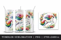 Watercolor cute unicorn rainbow mane jumping through hoop of flowers print 20 oz tumbler skinny mug wrap clipart t-shirt sublimation printable design