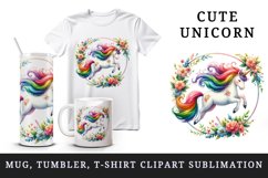 Watercolor cute unicorn rainbow mane jumping through hoop of flowers print 20 oz tumbler skinny mug wrap clipart t-shirt sublimation printable design