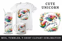 Watercolor cute unicorn rainbow mane jumping through hoop of flowers print 20 oz tumbler skinny mug wrap clipart t-shirt sublimation printable design