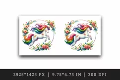 Watercolor cute unicorn rainbow mane jumping through hoop of flowers print 20 oz tumbler skinny mug wrap clipart t-shirt sublimation printable design