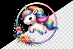 Watercolor cute unicorn rainbow mane jumping through hoop of flowers print 20 oz tumbler skinny mug wrap clipart t-shirt sublimation printable design
