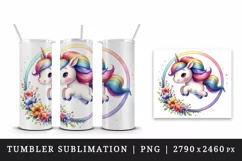 Watercolor cute unicorn rainbow mane jumping through hoop of flowers print 20 oz tumbler skinny mug wrap clipart t-shirt sublimation printable design