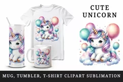 Watercolor cute unicorn shimmering iridescent horn floating balloons print 20 oz tumbler skinny mug wrap clipart t-shirt sublimation printable design