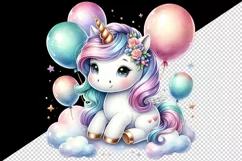 Watercolor cute unicorn shimmering iridescent horn floating balloons print 20 oz tumbler skinny mug wrap clipart t-shirt sublimation printable design