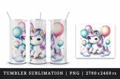 Watercolor cute unicorn shimmering iridescent horn floating balloons print 20 oz tumbler skinny mug wrap clipart t-shirt sublimation printable design