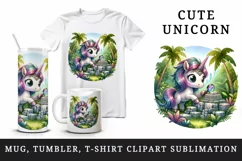Watercolor cute unicorn shimmering mane discovering ancient jungle ruins print tumbler skinny mug wrap clipart t-shirt sublimation printable design