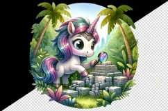 Watercolor cute unicorn shimmering mane discovering ancient jungle ruins print tumbler skinny mug wrap clipart t-shirt sublimation printable design