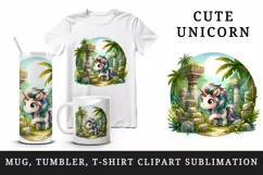 Watercolor cute unicorn shimmering mane discovering ancient ruins in jungle print 20 oz tumbler mug wrap clipart t-shirt sublimation printable design