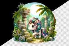 Watercolor cute unicorn shimmering mane discovering ancient ruins in jungle print 20 oz tumbler mug wrap clipart t-shirt sublimation printable design