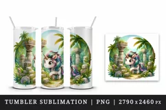 Watercolor cute unicorn shimmering mane discovering ancient ruins in jungle print 20 oz tumbler mug wrap clipart t-shirt sublimation printable design