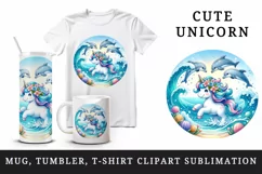 Watercolor cute unicorn shimmering mane sea waves ocean dolphins print 20 oz tumbler skinny mug wrap clipart t-shirt sublimation printable design