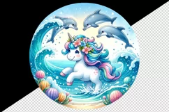Watercolor cute unicorn shimmering mane sea waves ocean dolphins print 20 oz tumbler skinny mug wrap clipart t-shirt sublimation printable design