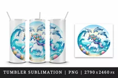 Watercolor cute unicorn shimmering mane sea waves ocean dolphins print 20 oz tumbler skinny mug wrap clipart t-shirt sublimation printable design
