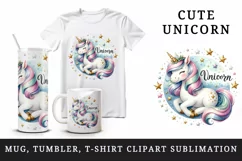Watercolor cute unicorn shimmering mane tail stars word Unicorn quote print 20 oz tumbler skinny mug wrap clipart t-shirt sublimation printable design