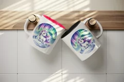 Watercolor cute unicorn shimmering northern lights on snowy mountain print 20 oz tumbler skinny mug wrap clipart t-shirt sublimation printable design