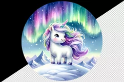 Watercolor cute unicorn shimmering northern lights on snowy mountain print 20 oz tumbler skinny mug wrap clipart t-shirt sublimation printable design