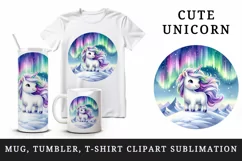 Watercolor cute unicorn shimmering northern lights on snowy mountain print 20 oz tumbler skinny mug wrap clipart t-shirt sublimation printable design