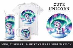 Watercolor cute unicorn shimmering northern lights on snowy mountaintop print tumbler skinny mug wrap clipart t-shirt sublimation printable design
