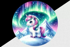 Watercolor cute unicorn shimmering northern lights on snowy mountaintop print tumbler skinny mug wrap clipart t-shirt sublimation printable design