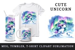 Watercolor cute unicorn shimmering northern lights snowy mountaintop print 20 oz tumbler skinny mug wrap clipart t-shirt sublimation printable design