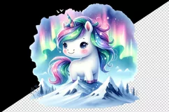 Watercolor cute unicorn shimmering northern lights snowy mountaintop print 20 oz tumbler skinny mug wrap clipart t-shirt sublimation printable design