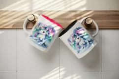 Watercolor cute unicorn shimmering northern lights snowy mountaintop print 20 oz tumbler skinny mug wrap clipart t-shirt sublimation printable design