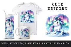 Watercolor cute unicorn shimmering northern lights snowy mountaintop print 20 oz tumbler skinny mug wrap clipart t-shirt sublimation printable design